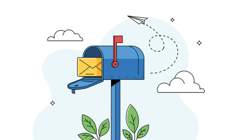 Open mailbox with an envelope in the opening. Red flag is up to indicate mail is ready to pick up..