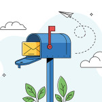 Open mailbox with an envelope in the opening. Red flag is up to indicate mail is ready to pick up..