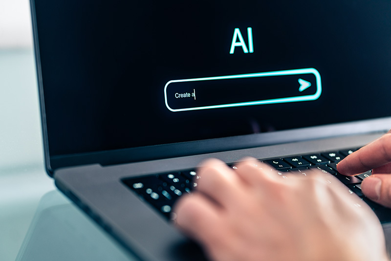 Person using a lap top and typing in a search query into an AI search.