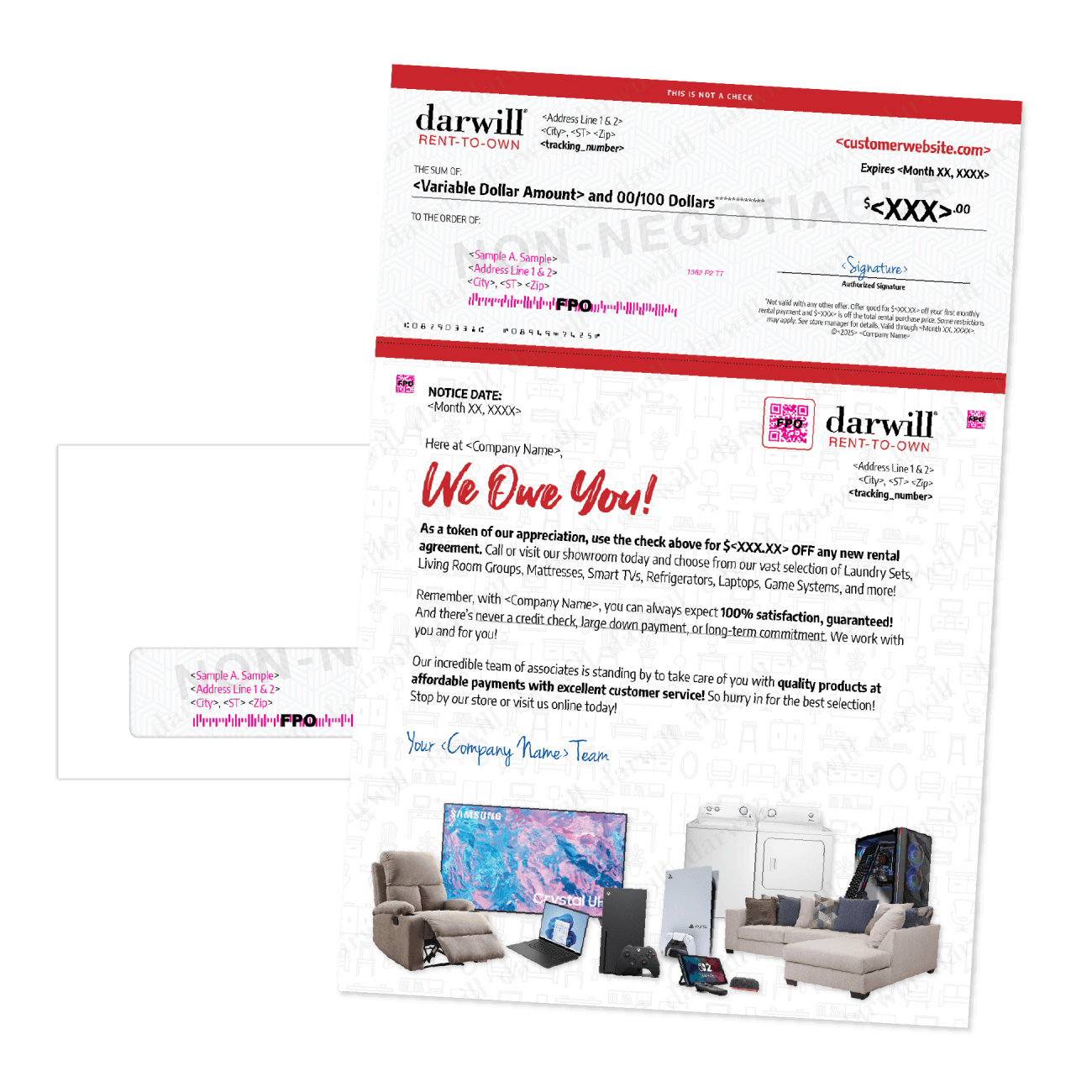 Darwill Rent-to-Own customer appreciation check letter and envelope