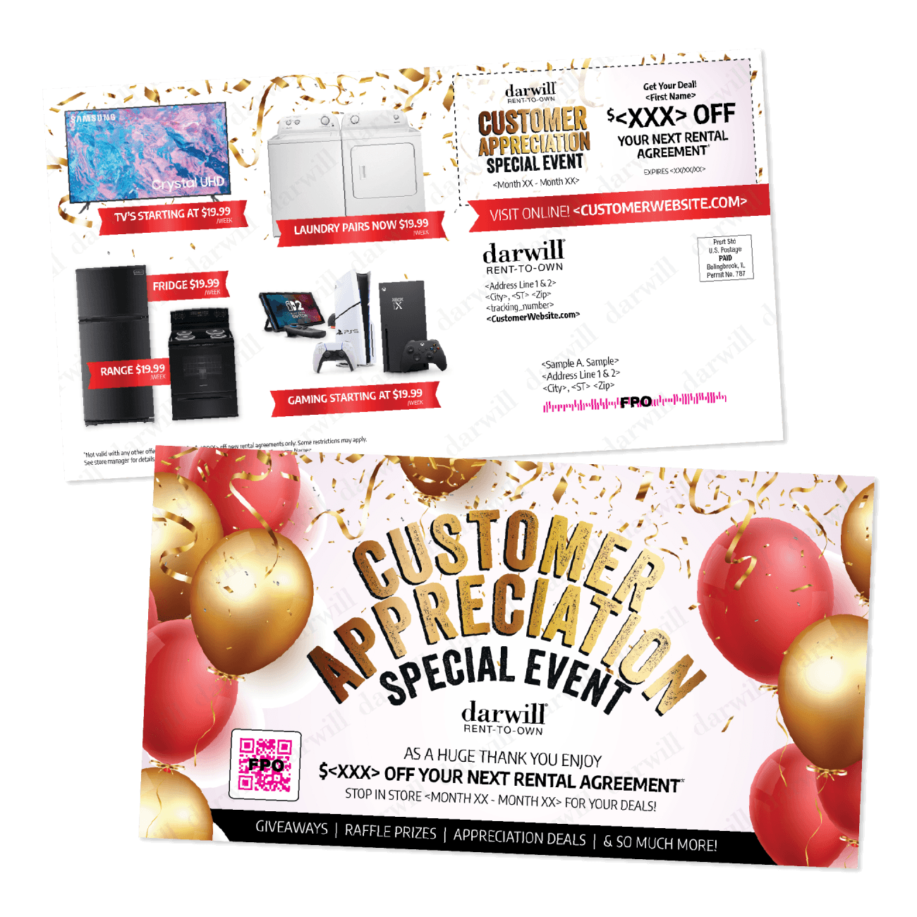 Darwill Rent-to-Own customer appreciation special event postcard with balloons