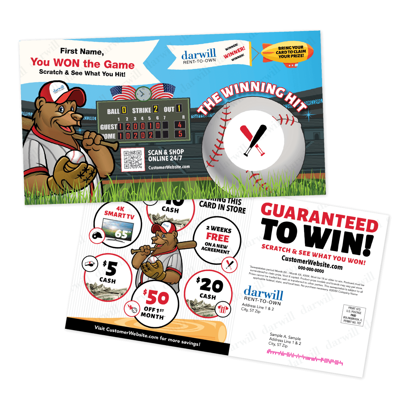Premier Rental-Purchase baseball scratch-off card with a bear mascot