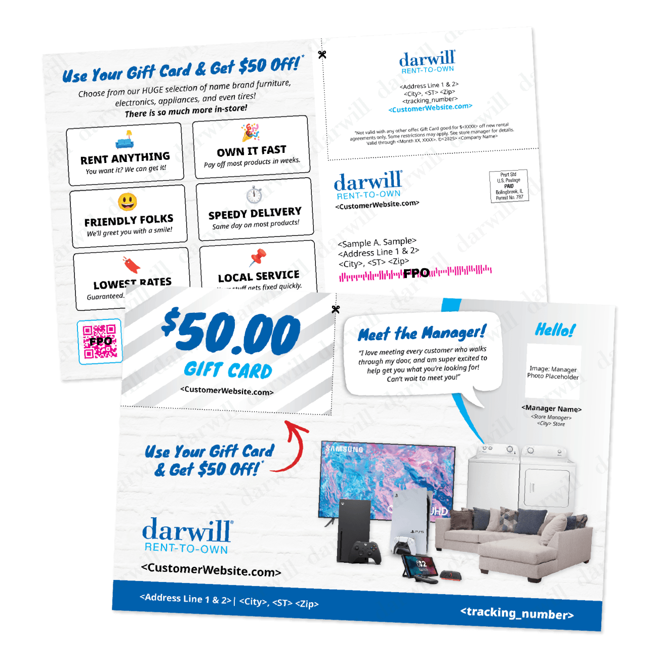 Darwill Rent-to-Own fifty dollar gift card and meet the manager postcard
