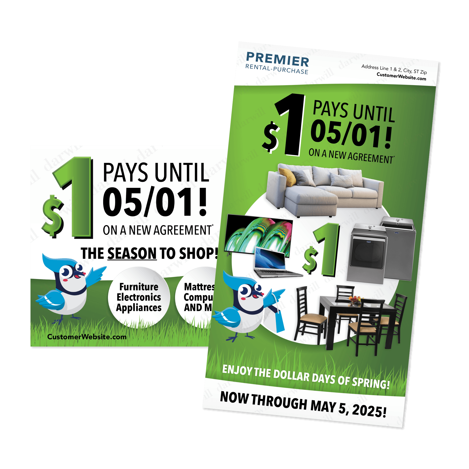 Premier Rental-Purchase spring dollar sale postcard with a bluebird mascot