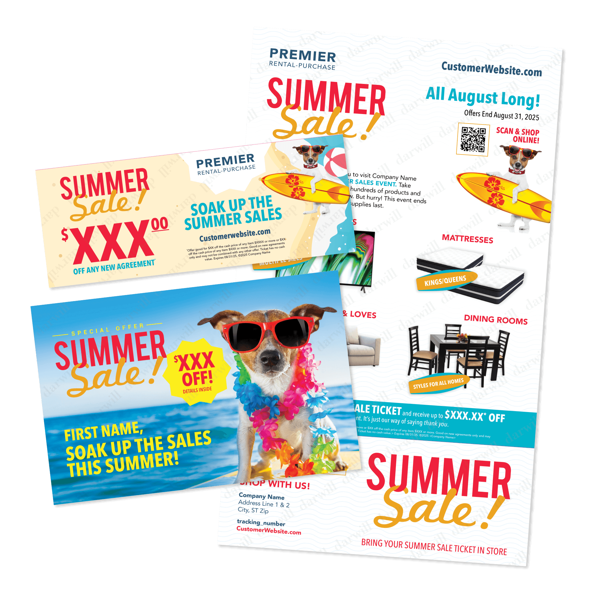 Premier Rental-Purchase summer sale postcard with a dog mascot wearing sunglasses