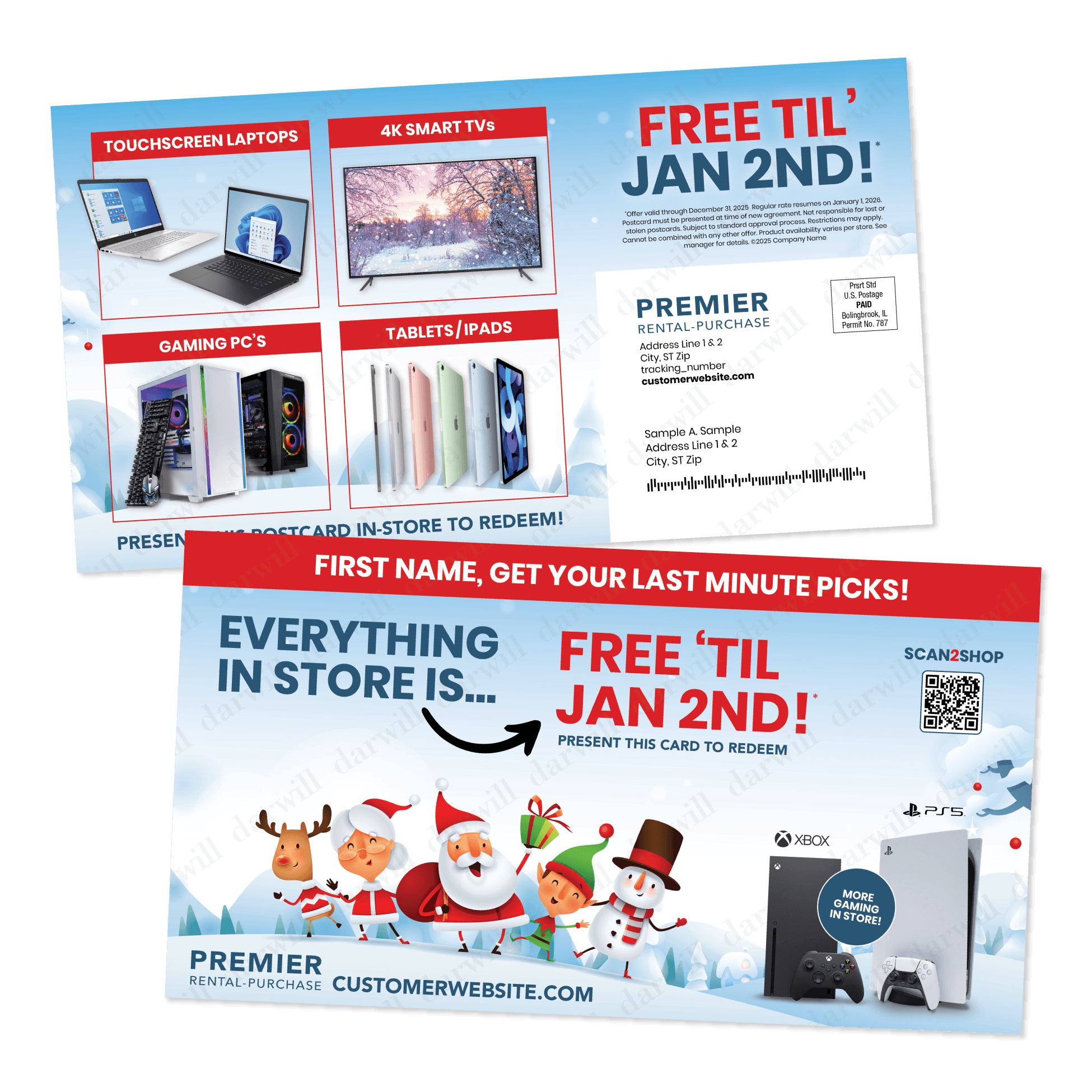 Premier Rental-Purchase holiday sale postcard with Santa and reindeer characters