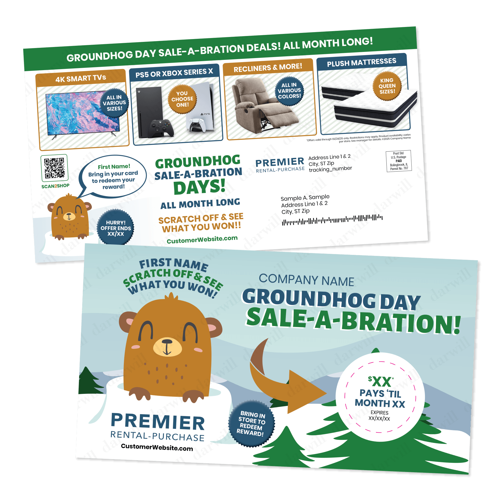 Groundhog Day sale direct mail piece with a groundhog mascot