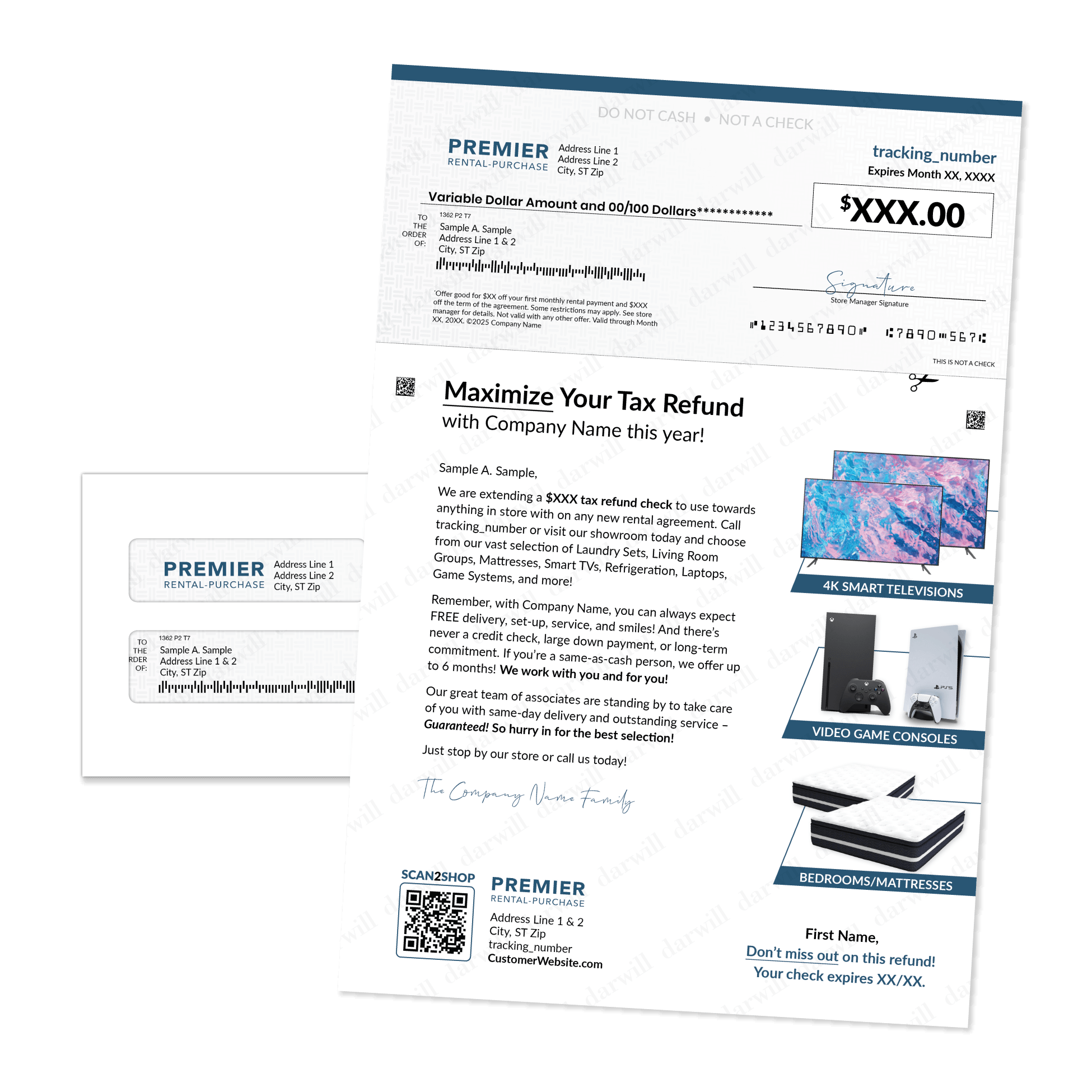 Premier Rental-Purchase tax refund check direct mail mockup, front and back