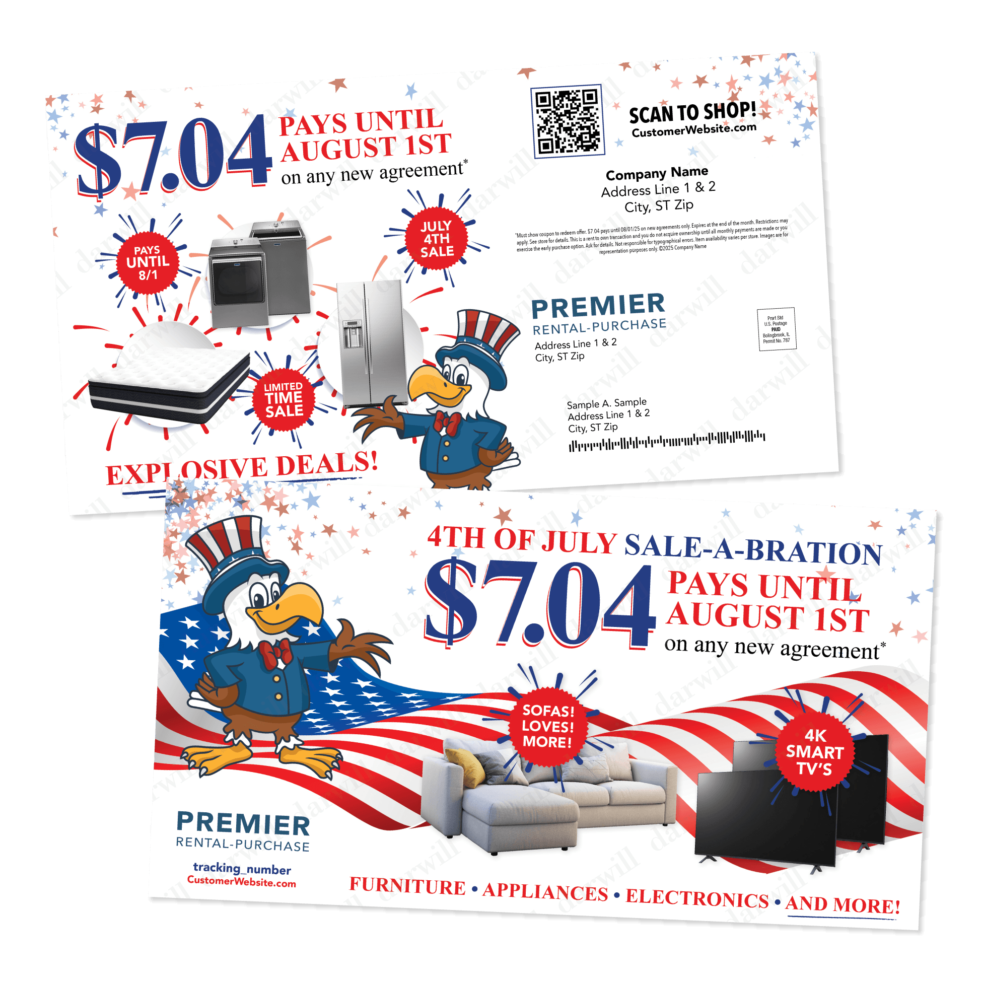 Premier Rental-Purchase July 4th sale-a-bration postcard with an eagle mascot