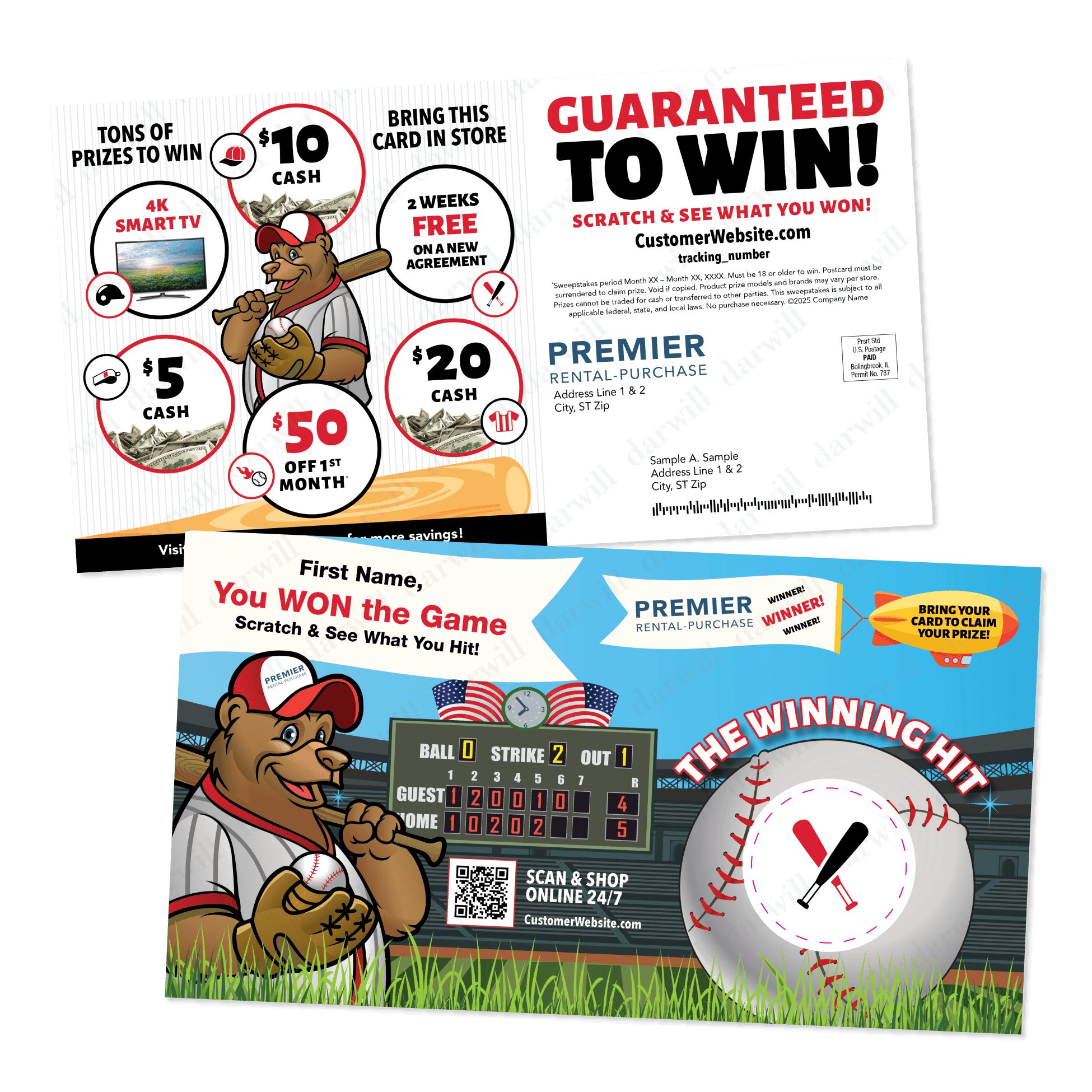 Premier Rental-Purchase baseball-themed scratch-off card mockup, front and back