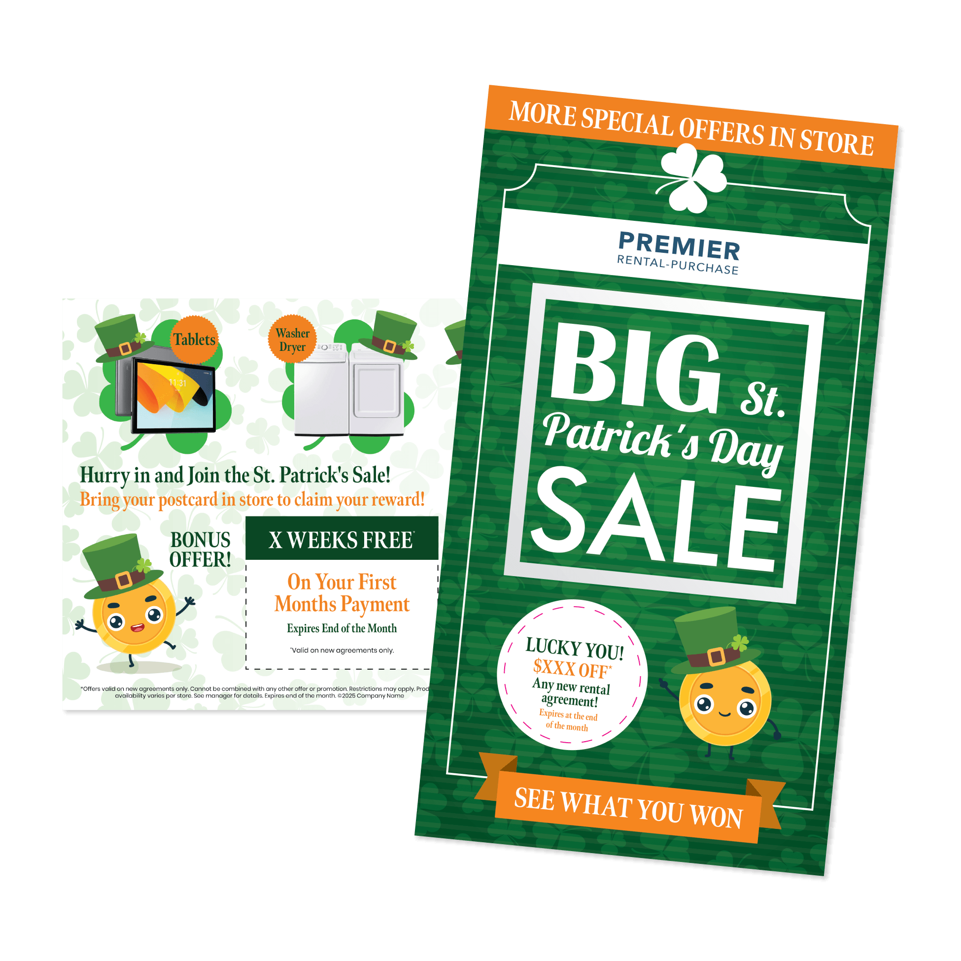 St. Patrick's Day sale direct mail piece with a gold coin mascot