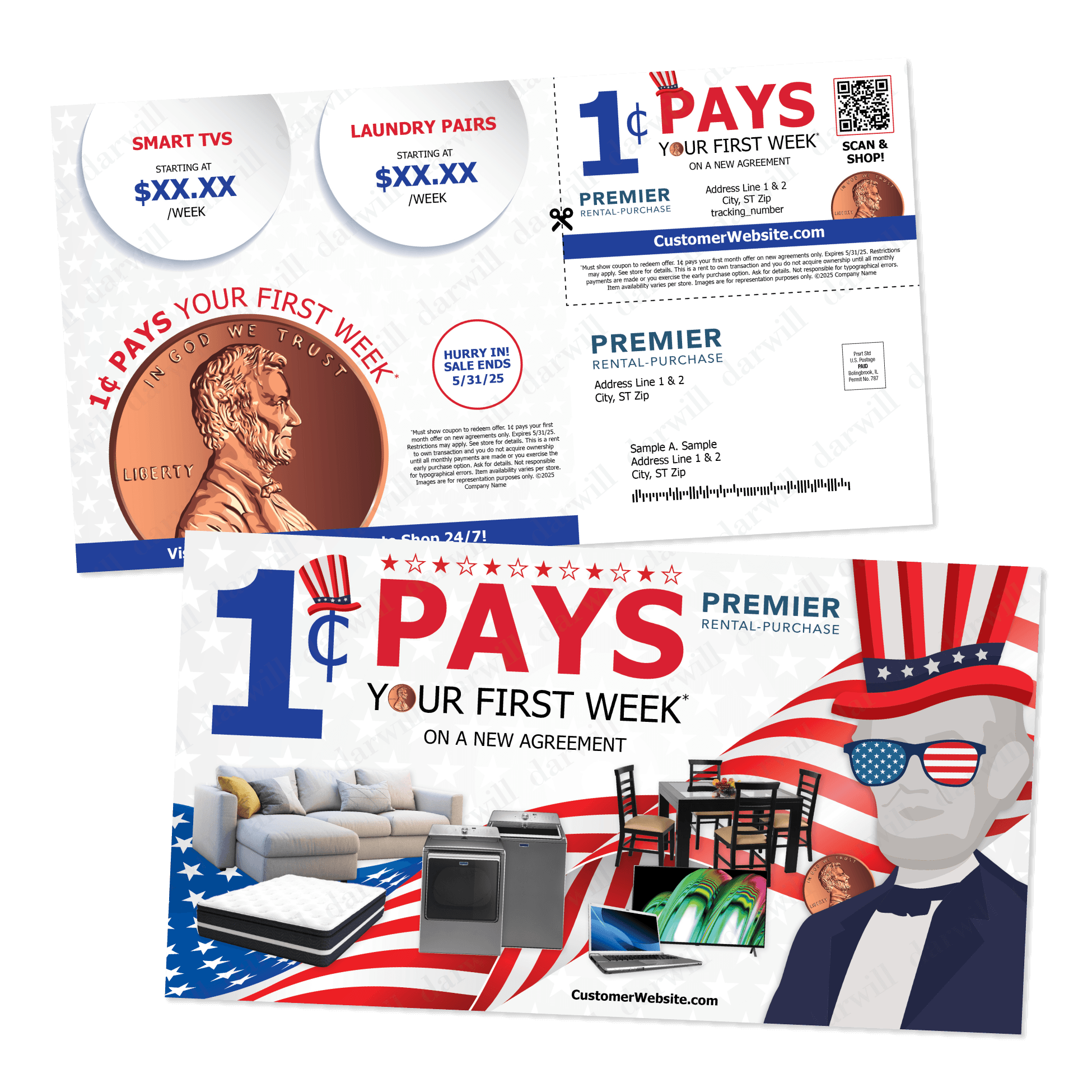 Premier Rental-Purchase one cent promotional mailer featuring a Lincoln penny design