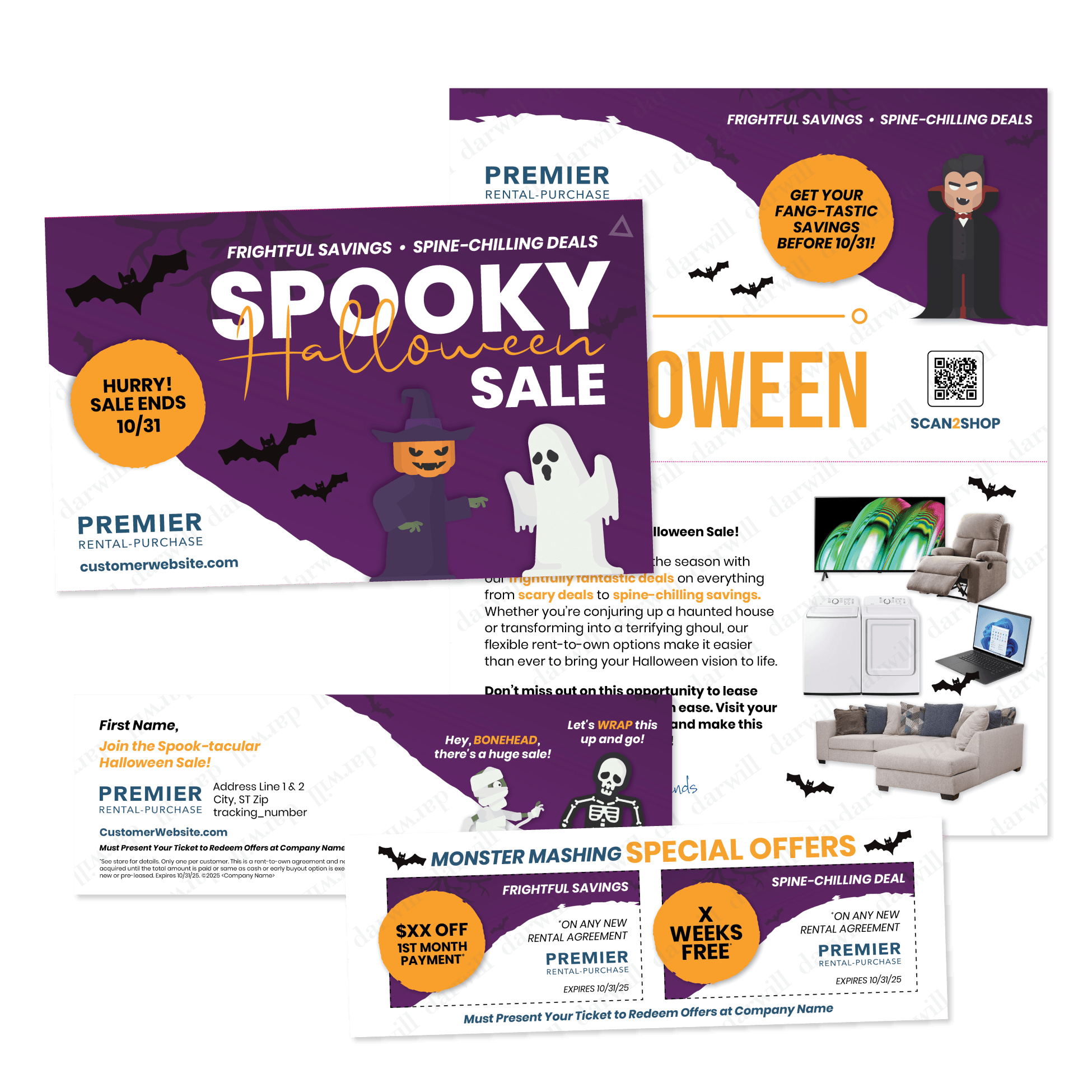 Premier Rental-Purchase Halloween spooky sale postcard with pumpkin and ghost characters