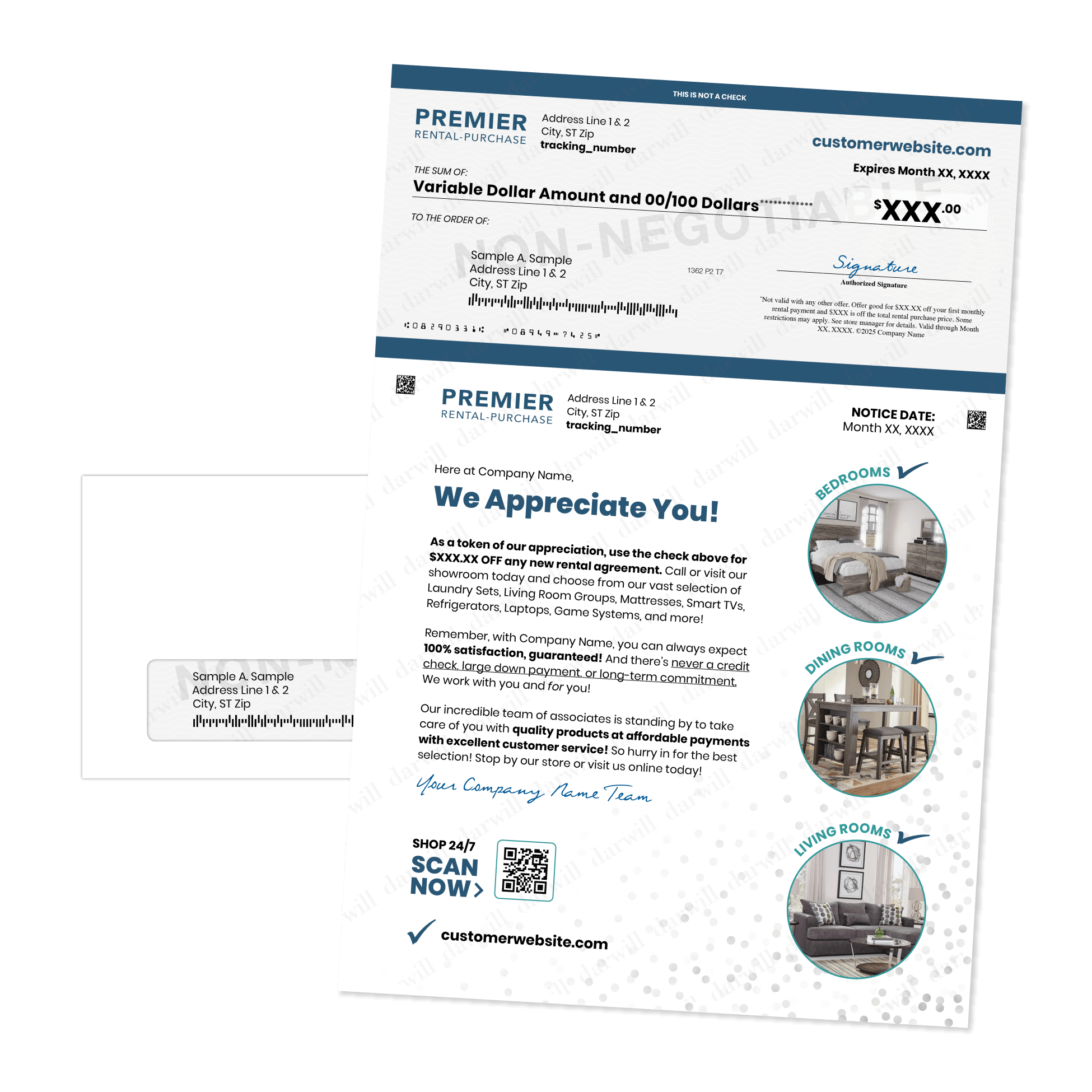 Premier Rental-Purchase customer appreciation check letter and envelope