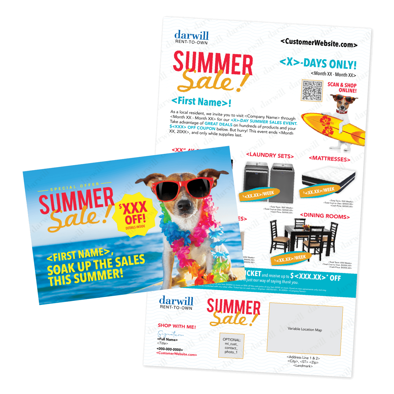 Darwill Rent-to-Own summer sale flyer template with a dog mascot wearing sunglasses