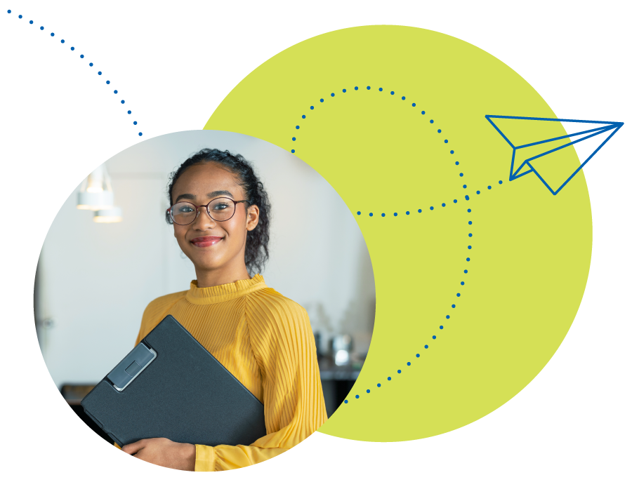 Smiling woman holding a binder beside a paper airplane icon on a green circle